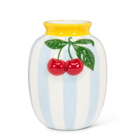 Blue & White Striped Vase — Cherries